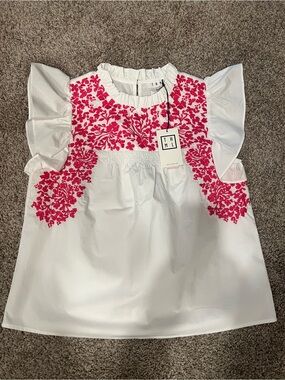 THML White Girls' Blouse with Hot Pink Floral Embroidery